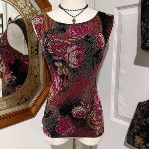 White Stag Black, Pink Gold Floral Pattern Sleeveless Scoop Neck Whimsy Tank Top